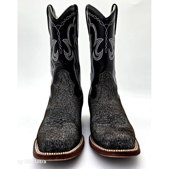 VTG J.B. Dillon Black Leather Western Boots Calf Hair Print Square Toe Womens 7B - Picture 6 of 9